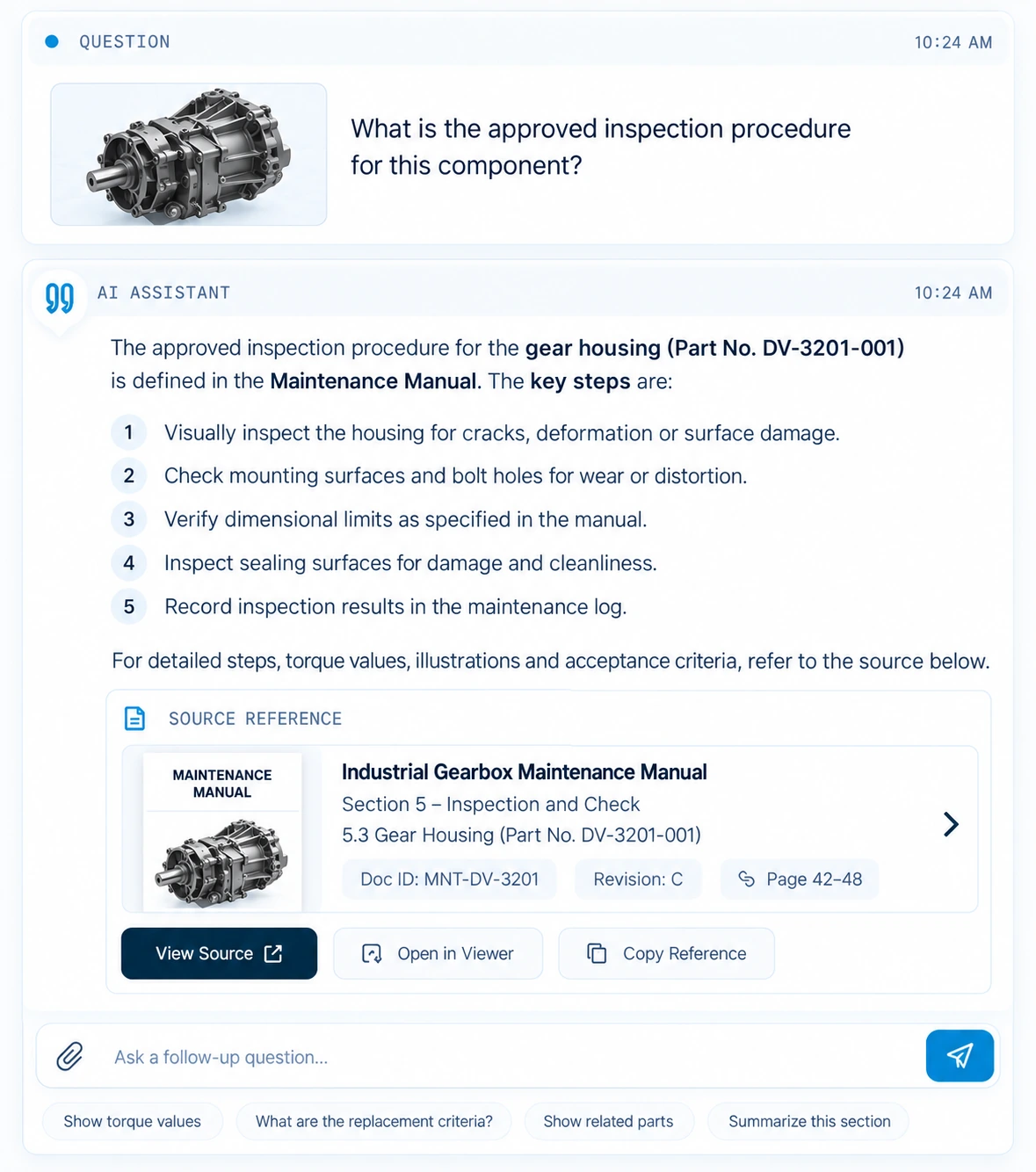 An example exchange with the assistant: a question about a component's inspection procedure, a numbered answer, and the source-reference card naming the manual, section and pages it was drawn from.