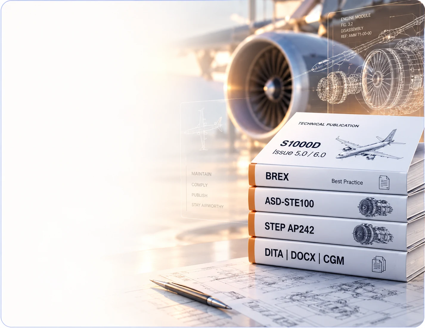 A fanned stack of technical publication sheets over engineering drawings, each sheet carrying a different exchange format.