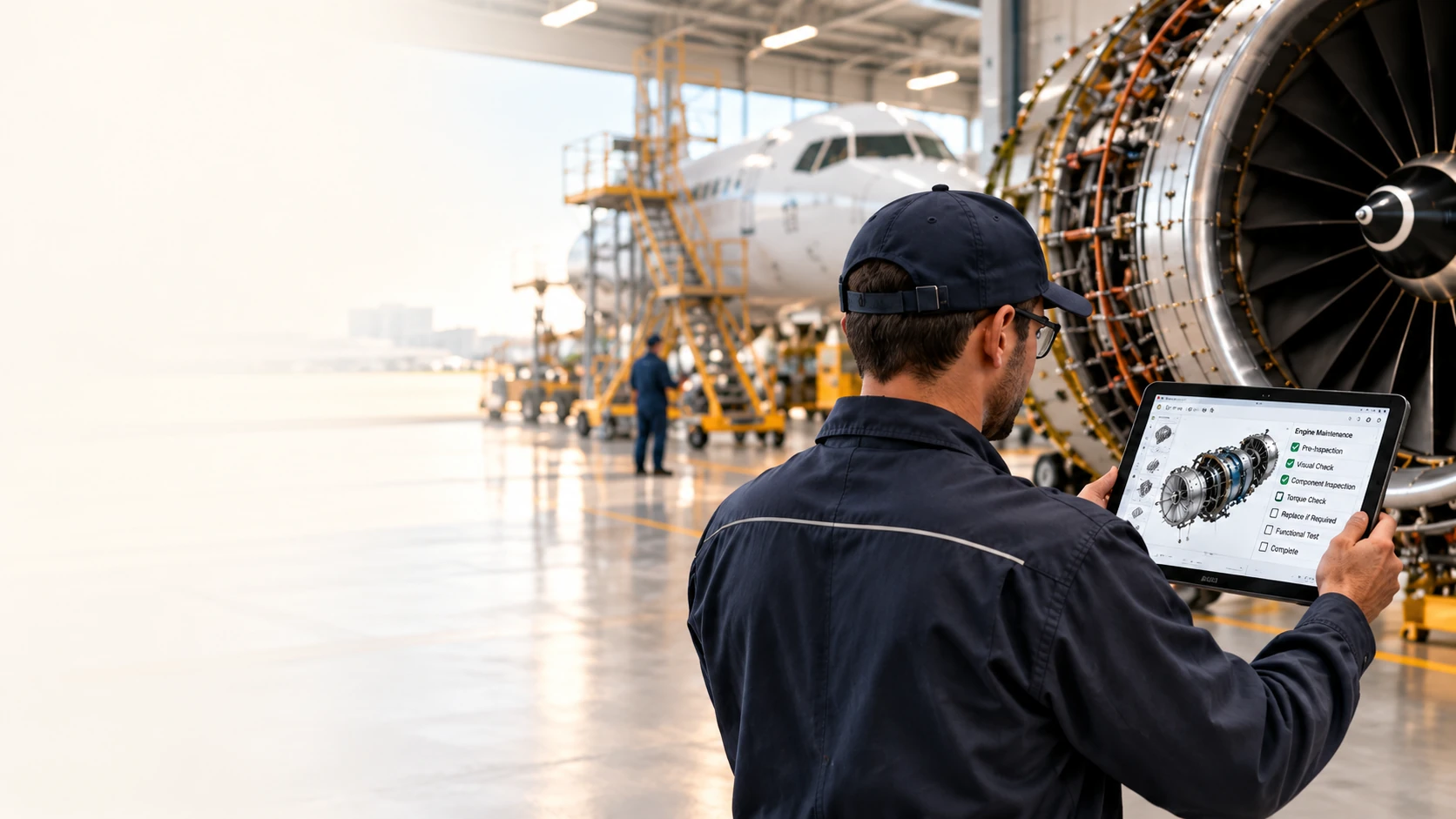 Step 4 of 4, MRO: a maintenance technician using a tablet beside an aircraft engine in a hangar, with identify, inspect, service, repair and maintain actions linked to the maintenance manual.