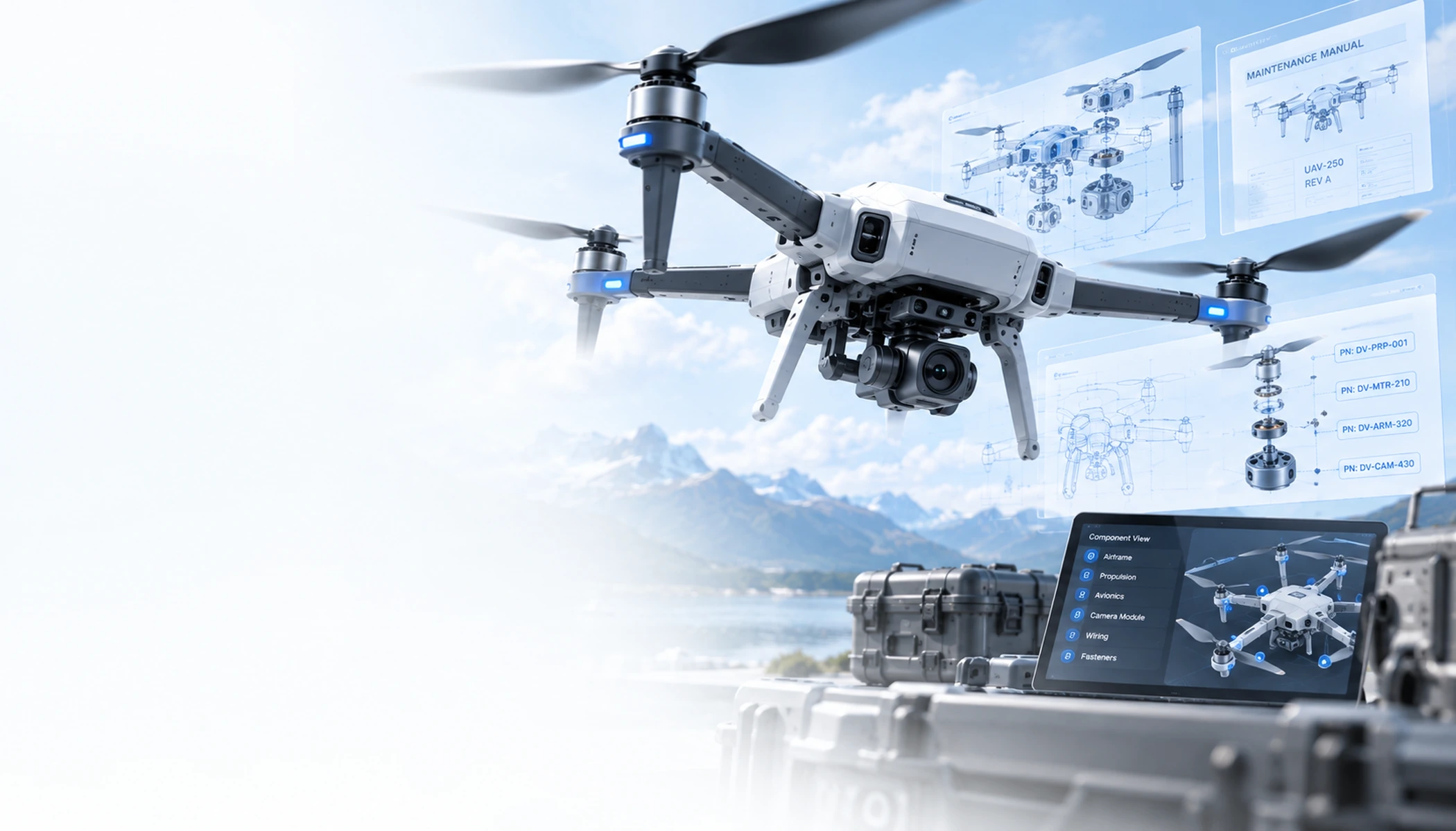 An unmanned aircraft in flight over a field site, its maintenance manual, exploded part numbers and component list drawn out of it onto panels alongside.