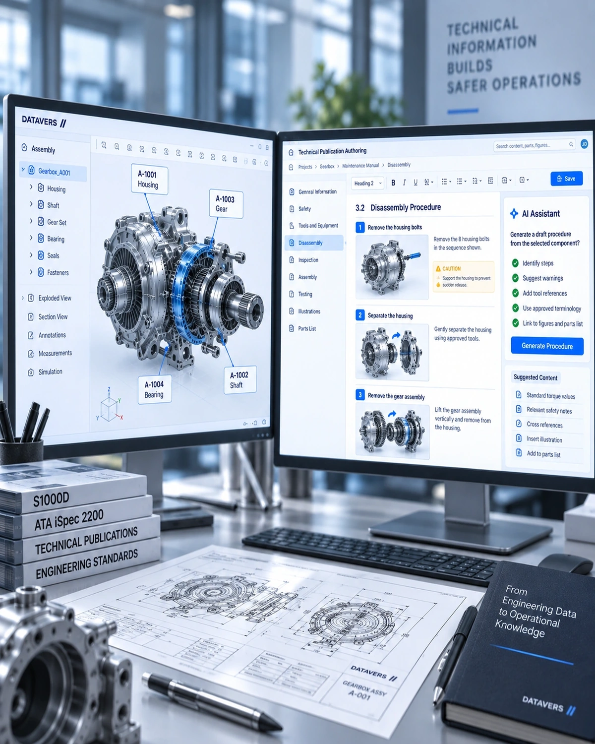 A technical authoring view drafting a procedure beside the engineering model.
